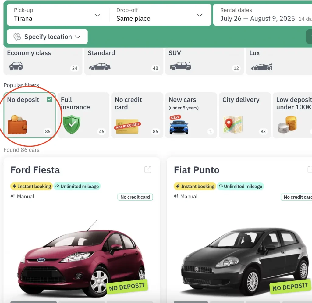 filter on no deposit cars
